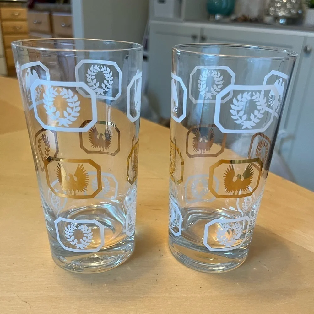 Highball Glasses Set of 2 Vintage Gold & White w/ Eagles Laurel Wreaths